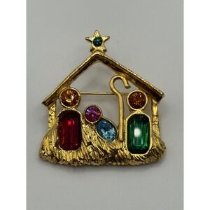 Vintage Camco Nativity Brooch Multicolor Rhinestone Gold Tone Pin